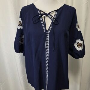 SHEIN Navy Blue Blouse with Floral Embroidery